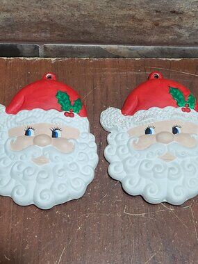Vintage 3D Santa Face Ornament Red Hat Holly White Beard Set of 2
